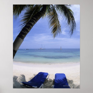 Poster Plage, Transat, Palmier, Horizon Sur