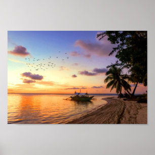 Poster Plage tropicale Coucher de soleil sur l'île de Tah