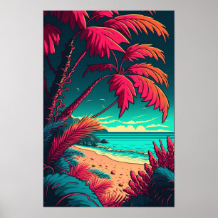 Poster Plage tropicale Rustique Élégant Rouge Vert Orange