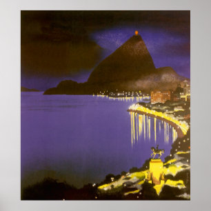 Poster Plage vintage à Nuit à Rio de Janeiro, Brésil