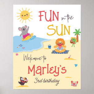 Poster Plaisir au Soleil Animaux de Plage Anniversaire Bi