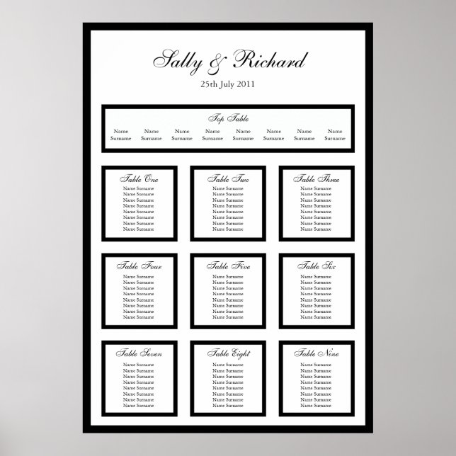 Poster Plan d'assise de table Mariage noir simple Imprime (Devant)