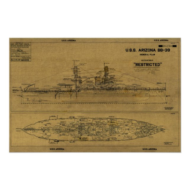 Poster Plan de 1934 de l'ARIZONA Battleship des États-Uni (Devant)