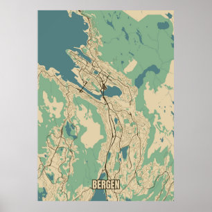 Poster Plan de la ville de Bergen, Norvège