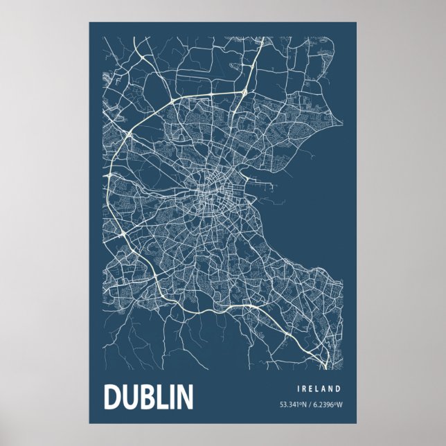 Poster Plan de la ville de Dublin Irlande Ligne Art Blue  (Devant)