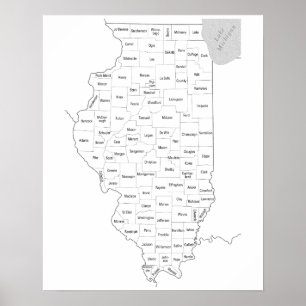 Poster Plan de l'état de l'Illinois avec comtés