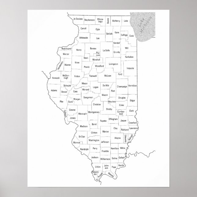 Poster Plan de l'état de l'Illinois avec comtés (Devant)