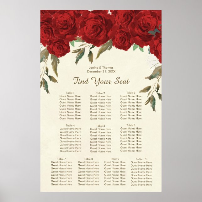 Poster plan de mariage à fleurs de roses rouges (Devant)