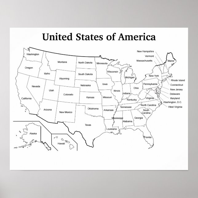 Poster Plan De Plan Des États-Unis Avec Les Noms D'État (Devant)