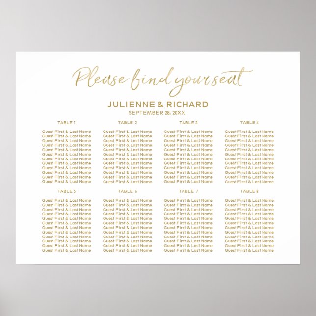 Poster Plan de siège mariage 8 tables Panneau or (Devant)