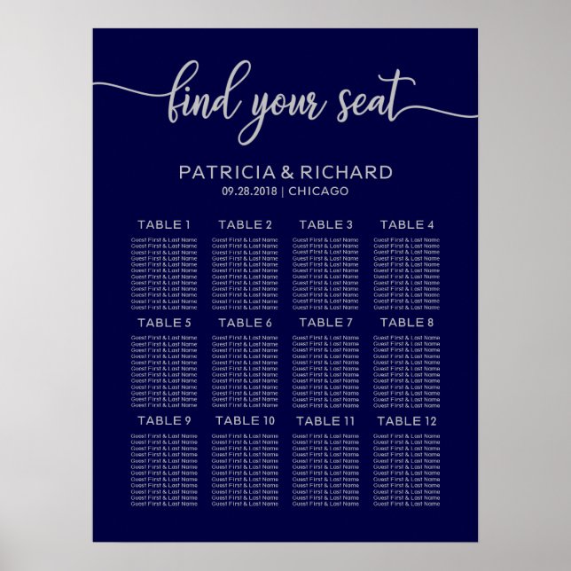 Poster Plan de siège mariage Conseil Chic Marine Bleu Arg (Devant)