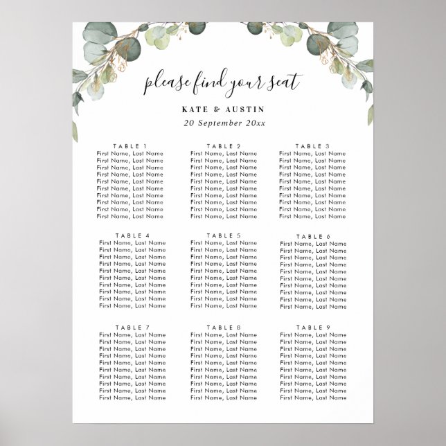 Poster plan de siège mariage de l'eucalyptus aquarelle (Devant)