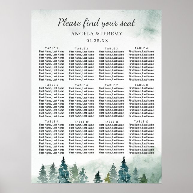 Poster Plan de siège Mariage des pins de la forêt d'hiver (Devant)