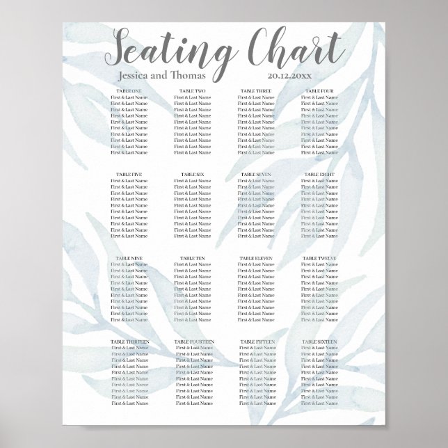 Poster Plan de siège Mariage en feuillage bleu rustique (Devant)