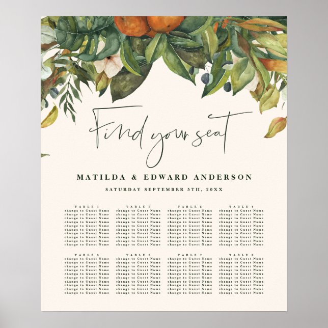 Poster Plan de sièges à fleurs pour mariage à agrumes ora (Devant)