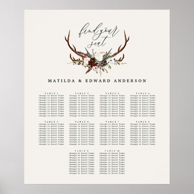 Poster Plan de sièges botanique fleuri rustique mariage (Devant)