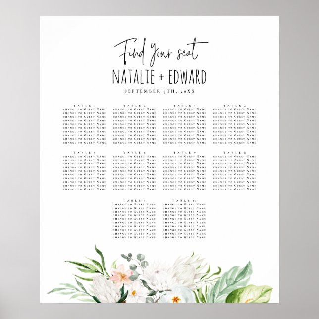 Poster Plan de sièges mariage à fleurs d'aquarelle tropic (Devant)