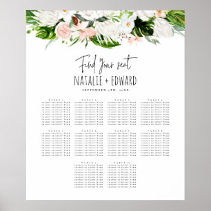 Poster Plan de sièges mariage à fleurs d'aquarelle tropic