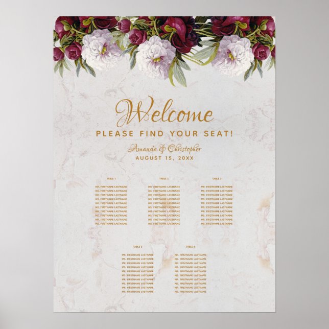 Poster Plan de table 5 tables Marbre Bourgogne Blanc Pivo (Devant)