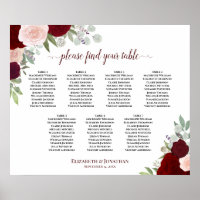 Plan de table à 7 tables avec roses rouges et rose
