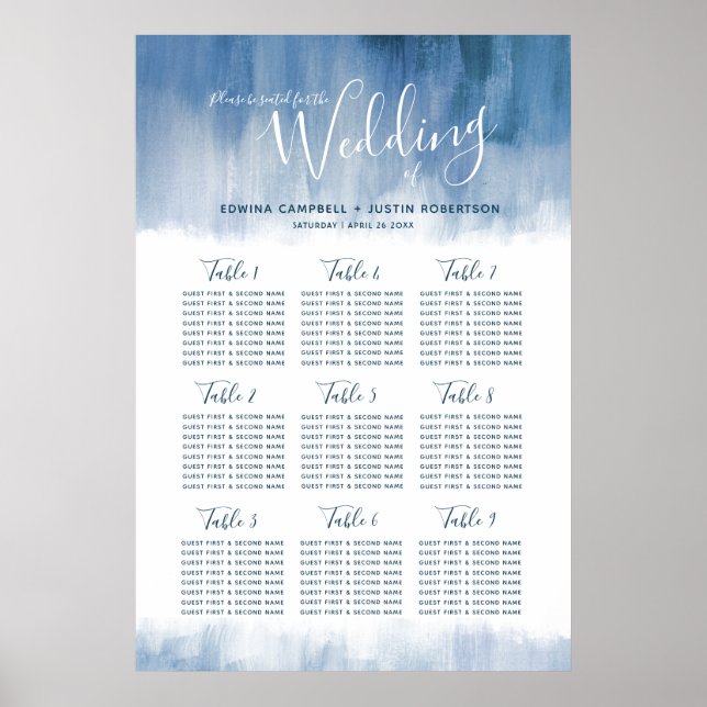 Poster Plan de table abstrait gris bleu de mariage (Devant)