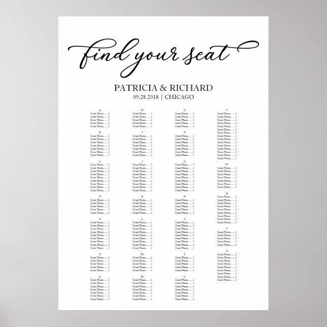 Poster Plan de table alphabétique Chic Script Noir (Devant)
