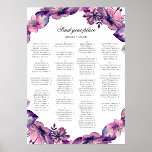 Poster Plan de table alphabétique. Fleurs violettes et ro