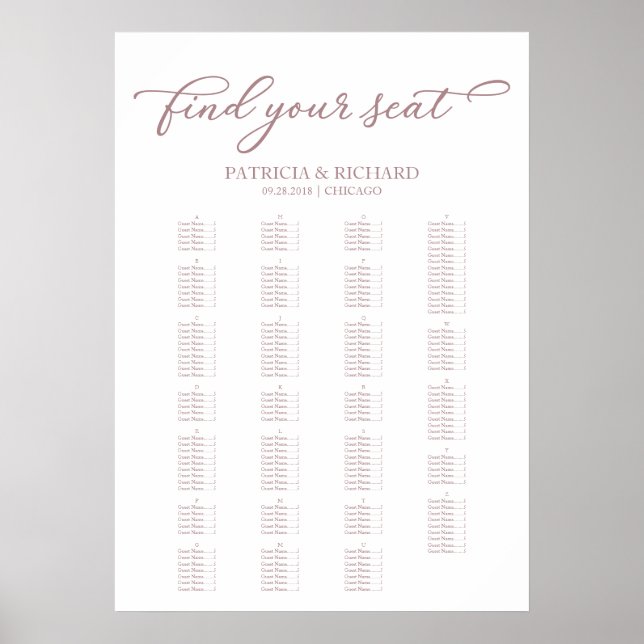 Poster Plan de table alphabétique Rose Gold Script (Devant)