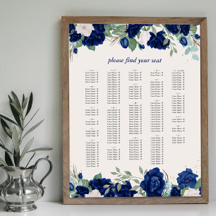 Poster Plan de table alphabétique Roses Bleu Royal