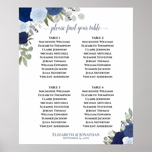 Poster Plan de table bleu bohème floral pour mariage à 4  (Devant)