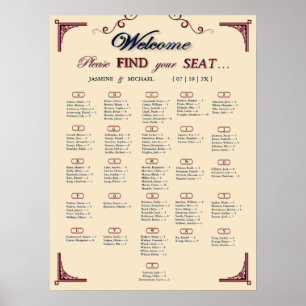 Poster Plan de table chic mariage Bourgogne, Nuit et Ivoi