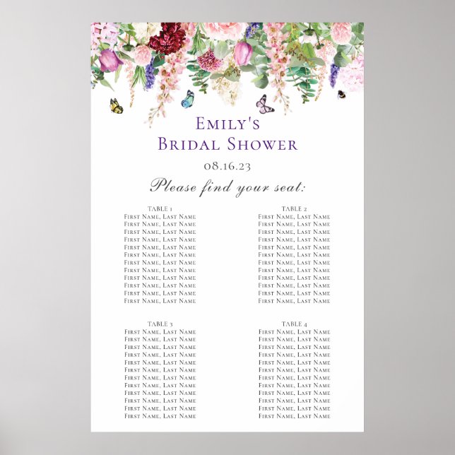 Poster Plan de table de Baby Shower Floral & Papillon (Devant)