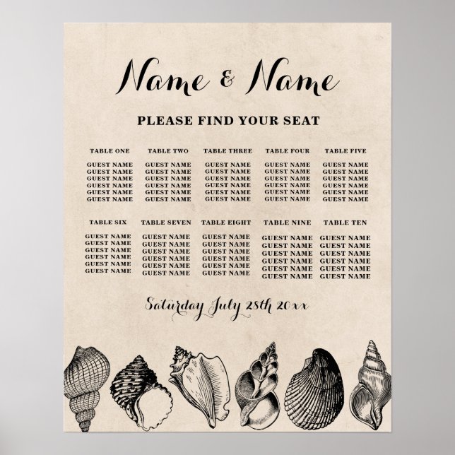 Poster Plan de table de mariage 10 Coquilles de mer Plan  (Devant)