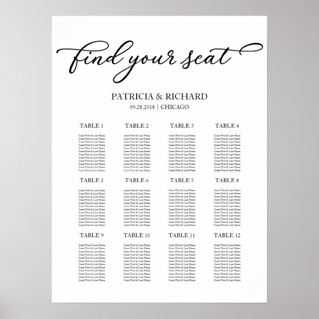 Poster Plan de table de mariage 12 tables Chic Script (Devant)