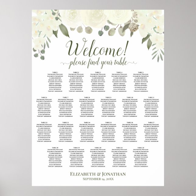 Poster Plan de table de mariage 22 tables Roses blanches  (Devant)
