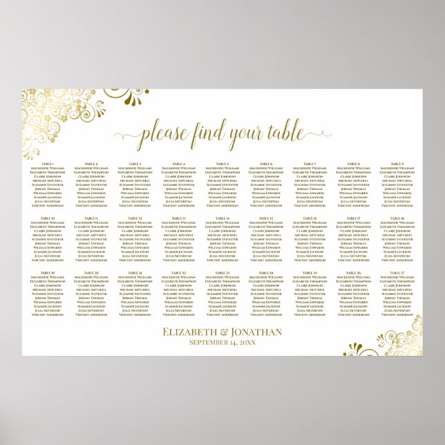 Poster Plan de table de mariage à 27 tables Orné Or & Bla (Devant)