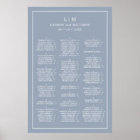 Plan de table de mariage à monogramme bleu poussié
