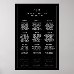 Poster Plan de table de mariage à monogramme noir simple