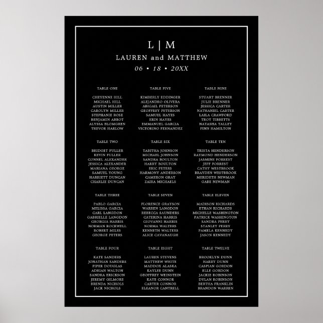 Poster Plan de table de mariage à monogramme noir simple (Devant)