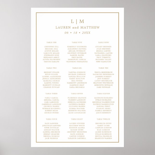 Poster Plan de table de mariage à monogramme simple en or (Devant)