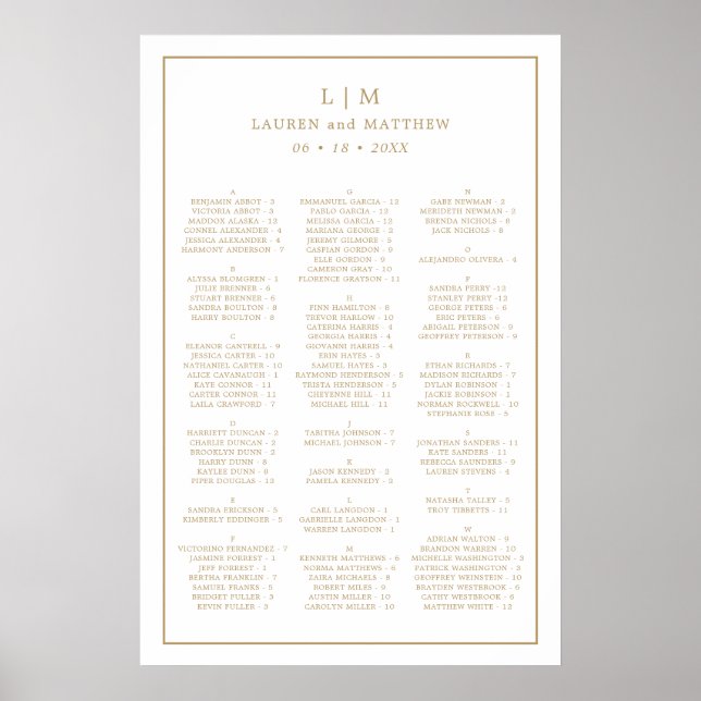 Poster Plan de table de mariage à monogramme simple en or (Devant)