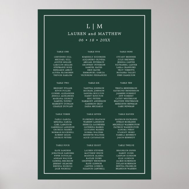 Poster Plan de table de mariage à monogramme vert forêt s (Devant)
