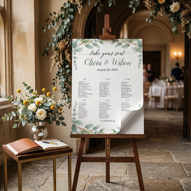 Poster Plan de table de mariage Alphabet Élégant Vert (Green Elegant Alphabet Wedding Seating Chart)