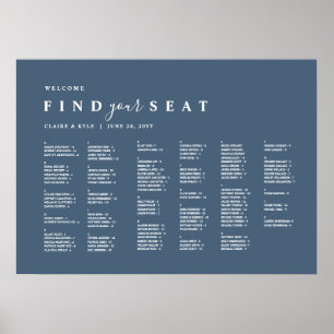 Poster Plan de table de mariage alphabétique minimal bleu