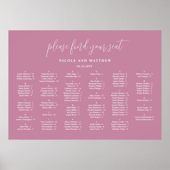Poster Plan de table de mariage alphabétique rose élégant (Devant)