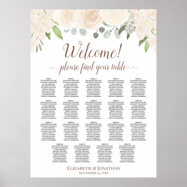 Poster Plan de table de mariage avec 19 roses peach blush (Devant)