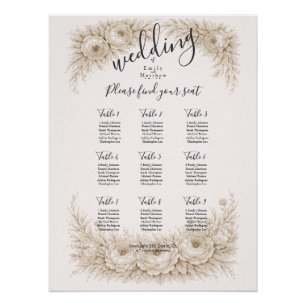 Poster Plan de table de mariage avec gravure botanique Ré