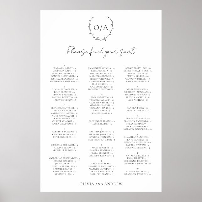 Poster Plan de table de mariage avec monogramme en forme  (Devant)