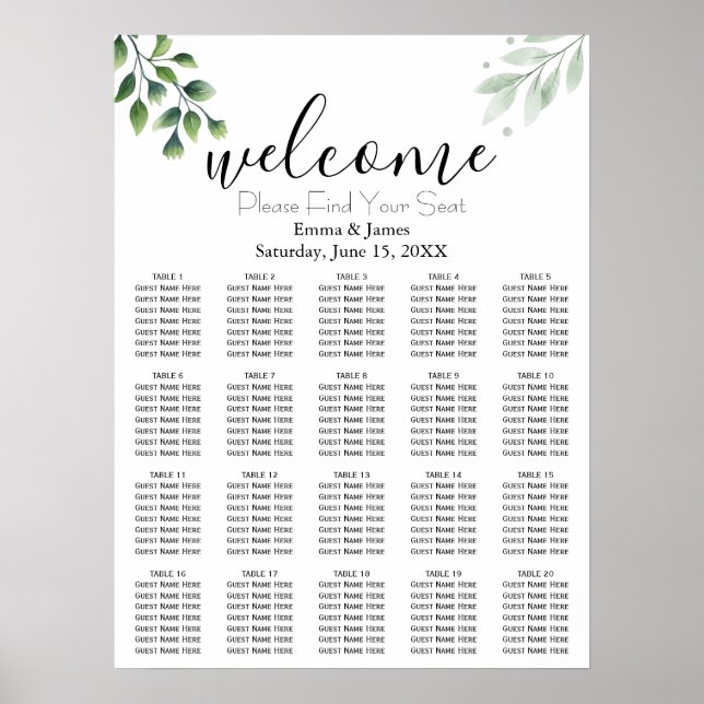 Poster Plan de table de mariage avec verdure moderne (Devant)