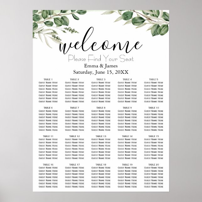 Poster Plan de table de mariage avec verdure moderne (Devant)